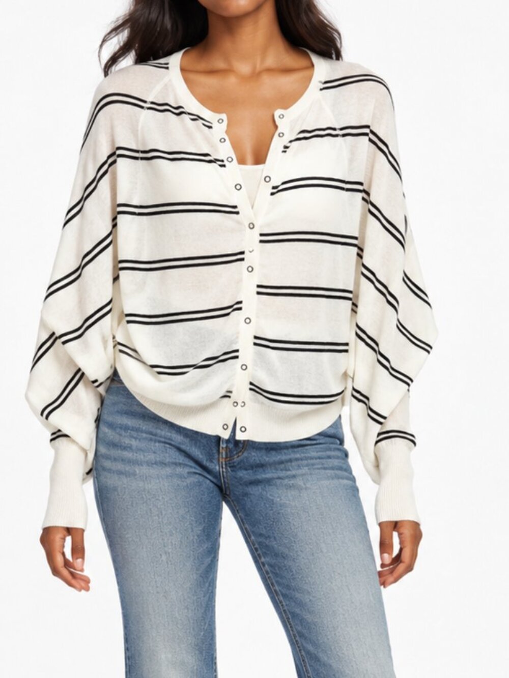 Free People Womens Sweater Striped Knit Hooded White Black Stripe